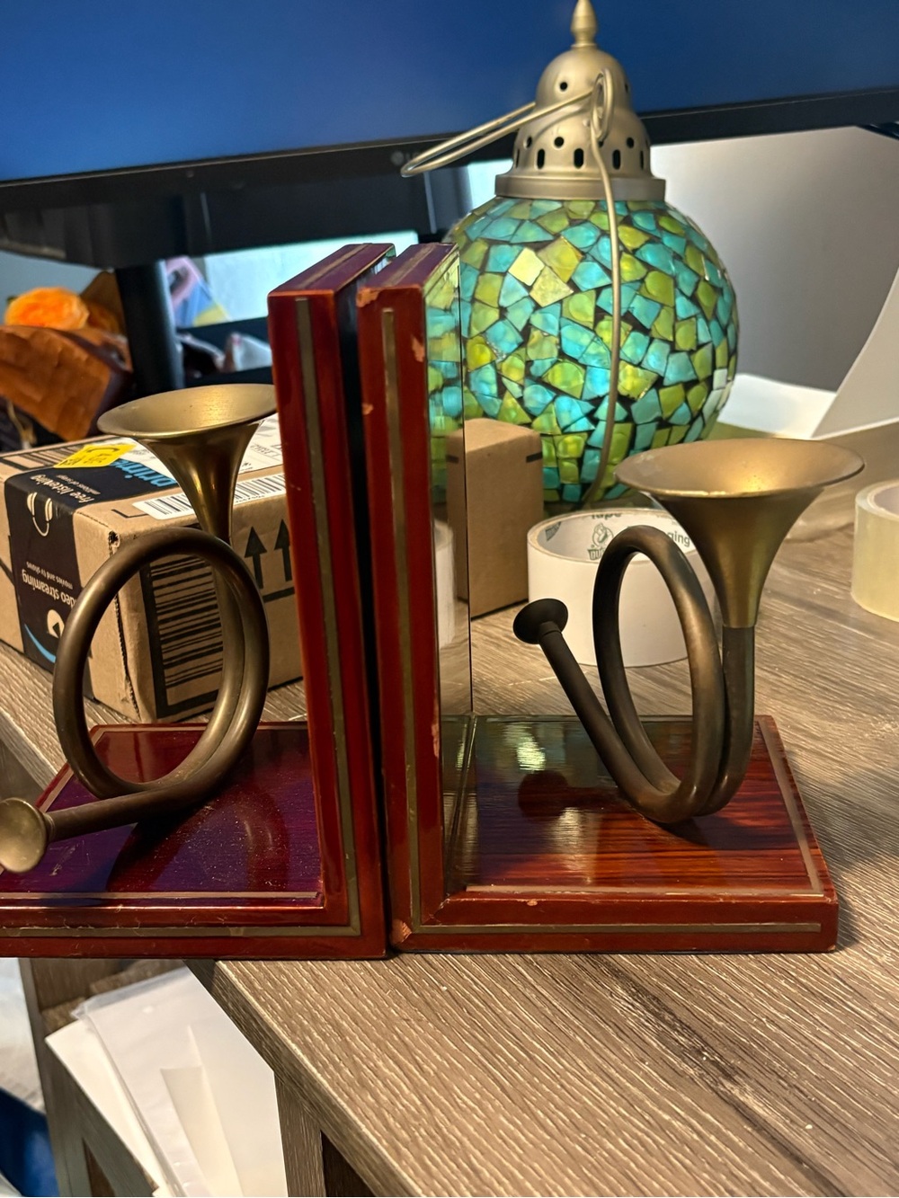 Antique Brass Horn Bookends with Red Wood Bases